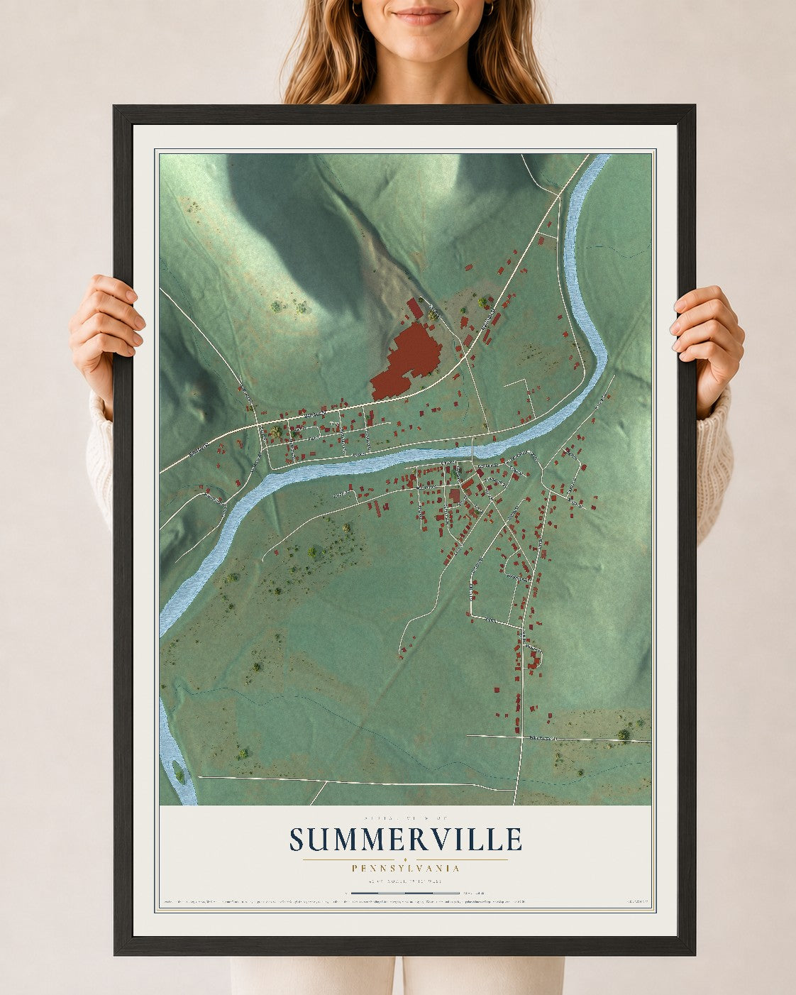 Map of Summerville, Pennsylvania, 24 x 36 inch print in a black wood frame