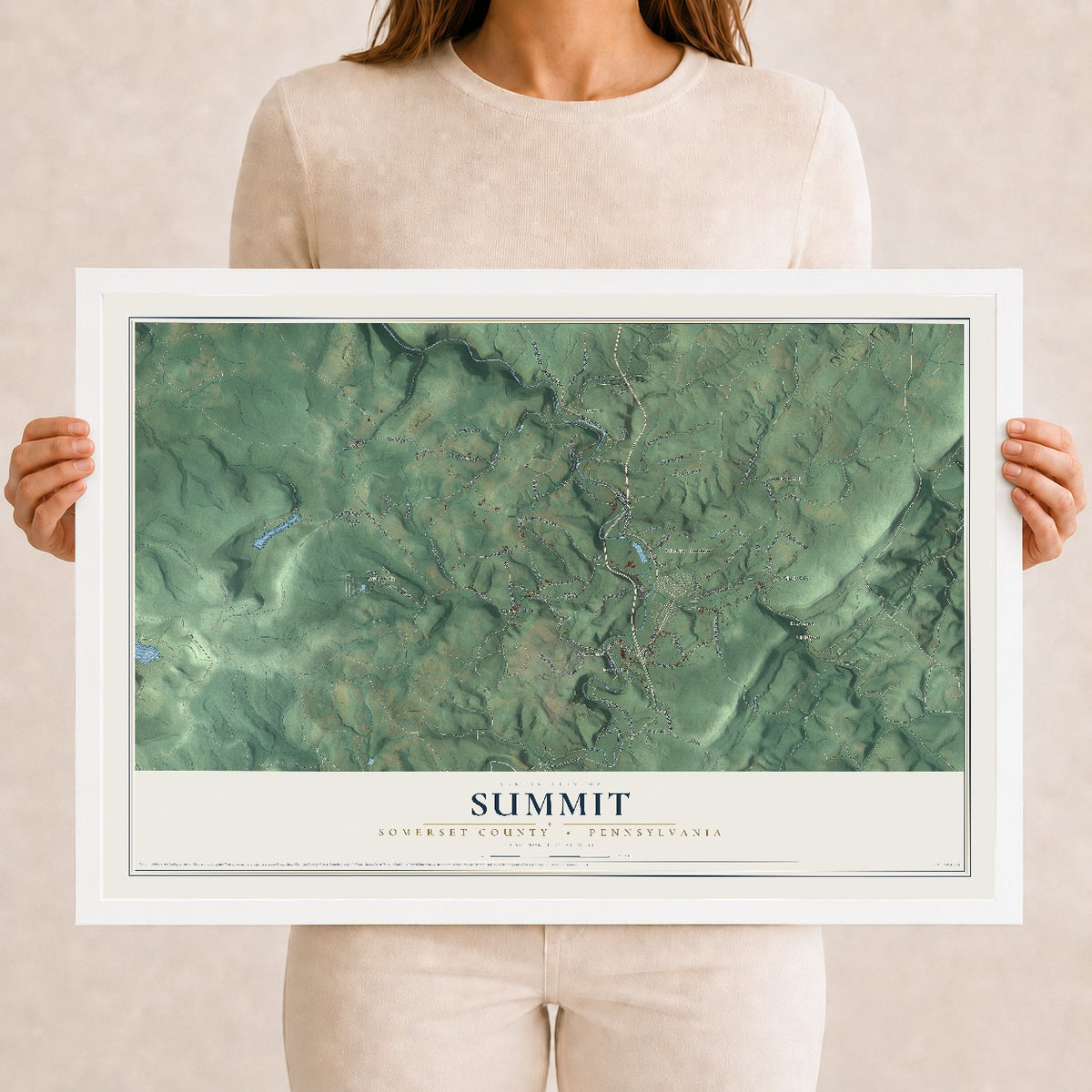 Map of Summit, Somerset County, Pennsylvania, 12 x 18 inch print in a white wood frame
