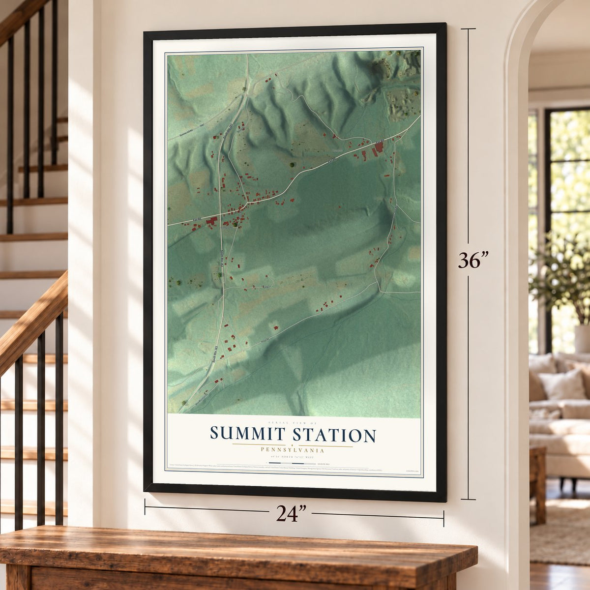 Summit Station, Pennsylvania map, 24 x 36 inch print in a black frame by a staircase