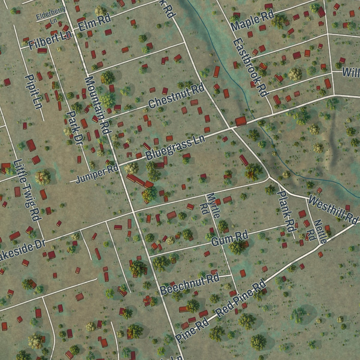 Close-up of the map of Sun Valley, Pennsylvania print showing street and building detail