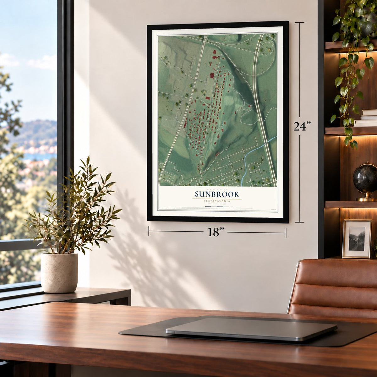 Sunbrook, Pennsylvania map, 18 x 24 inch print in a black frame in a home office