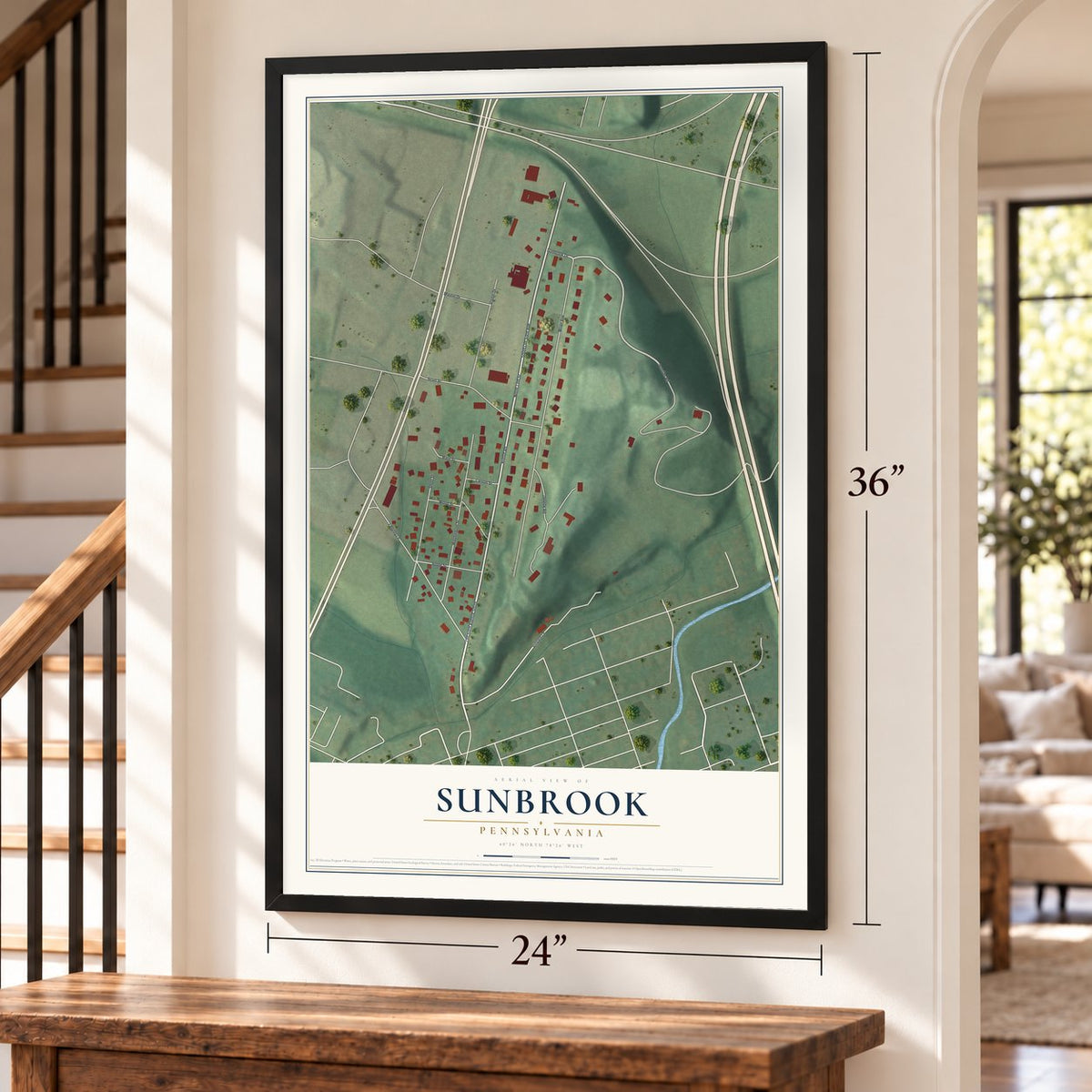 Sunbrook, Pennsylvania map, 24 x 36 inch print in a black frame by a staircase