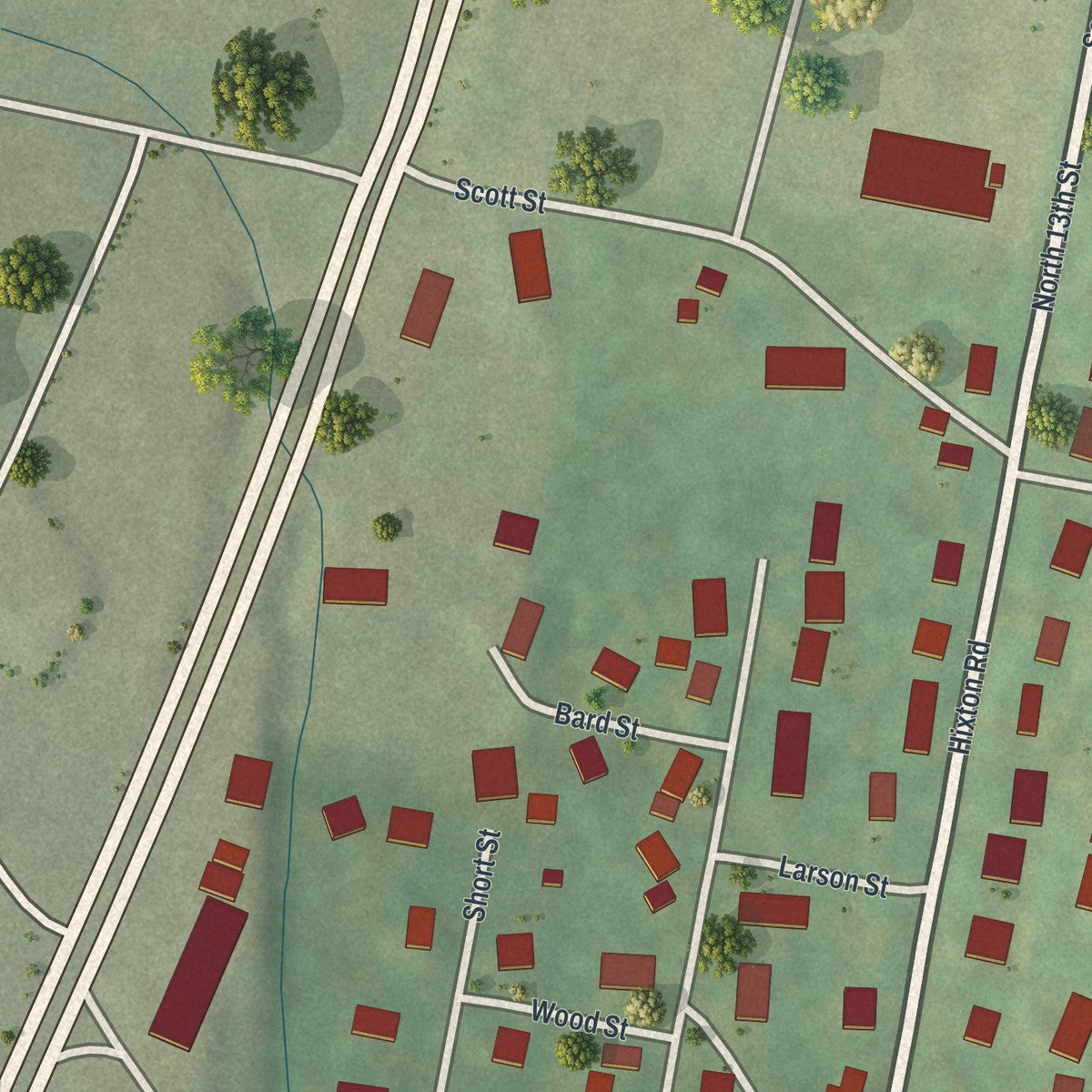 Close-up of the map of Sunbrook, Pennsylvania print showing street and building detail