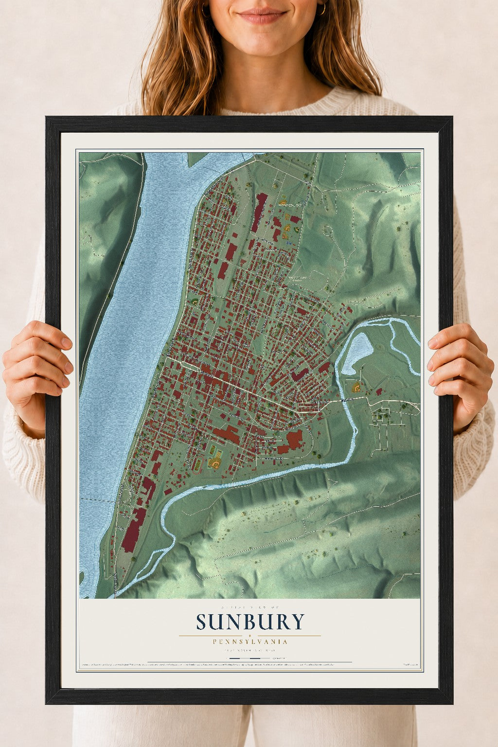 Map of Sunbury, Pennsylvania, 18 x 24 inch print in a black wood frame