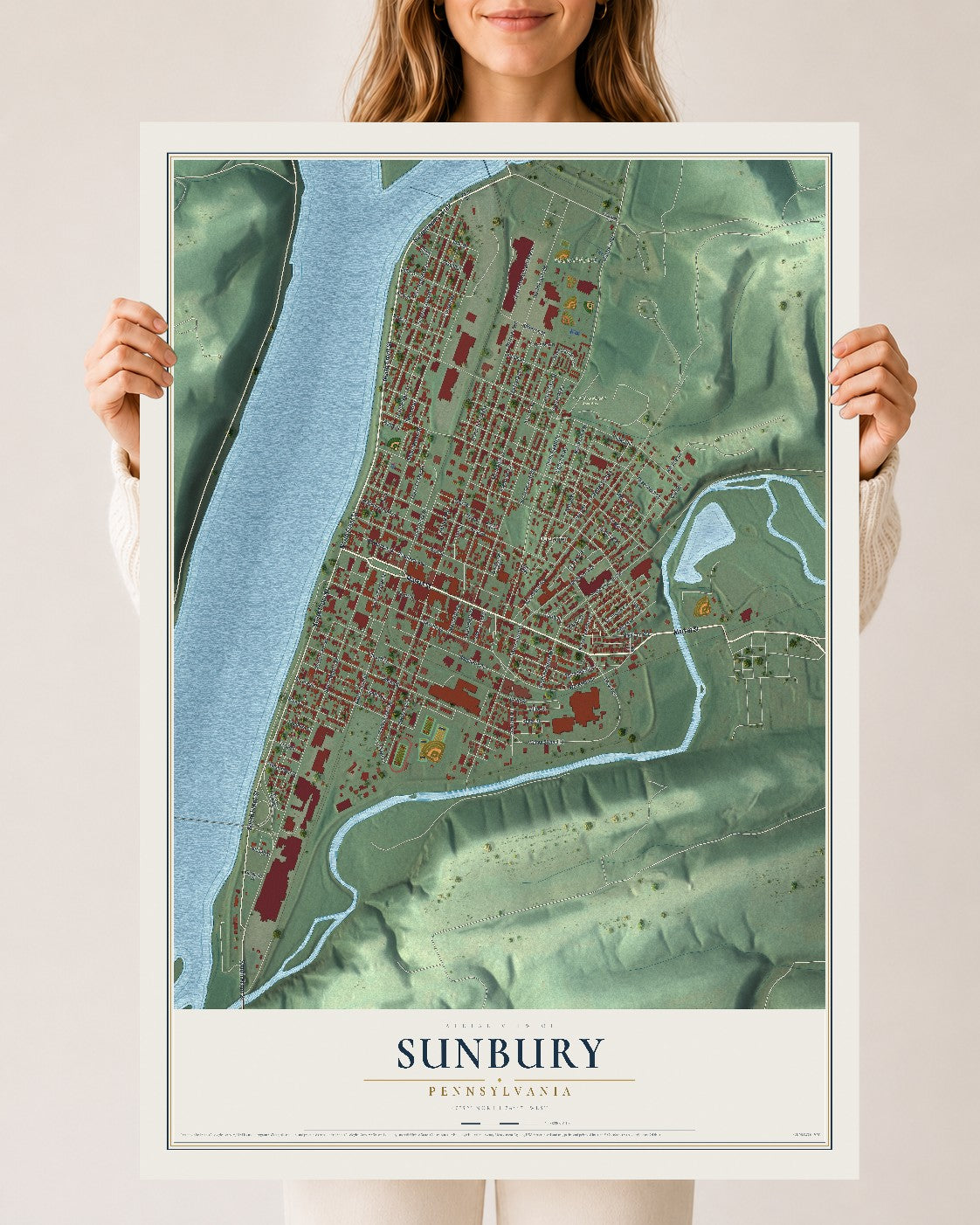 Map of Sunbury, Pennsylvania, 24 x 36 inch unframed archival matte print