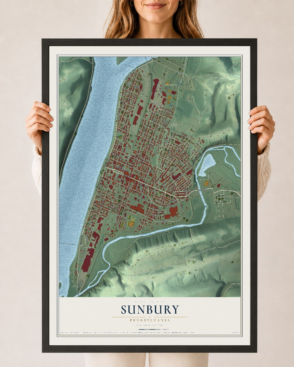 Map of Sunbury, Pennsylvania, 24 x 36 inch print in a black wood frame