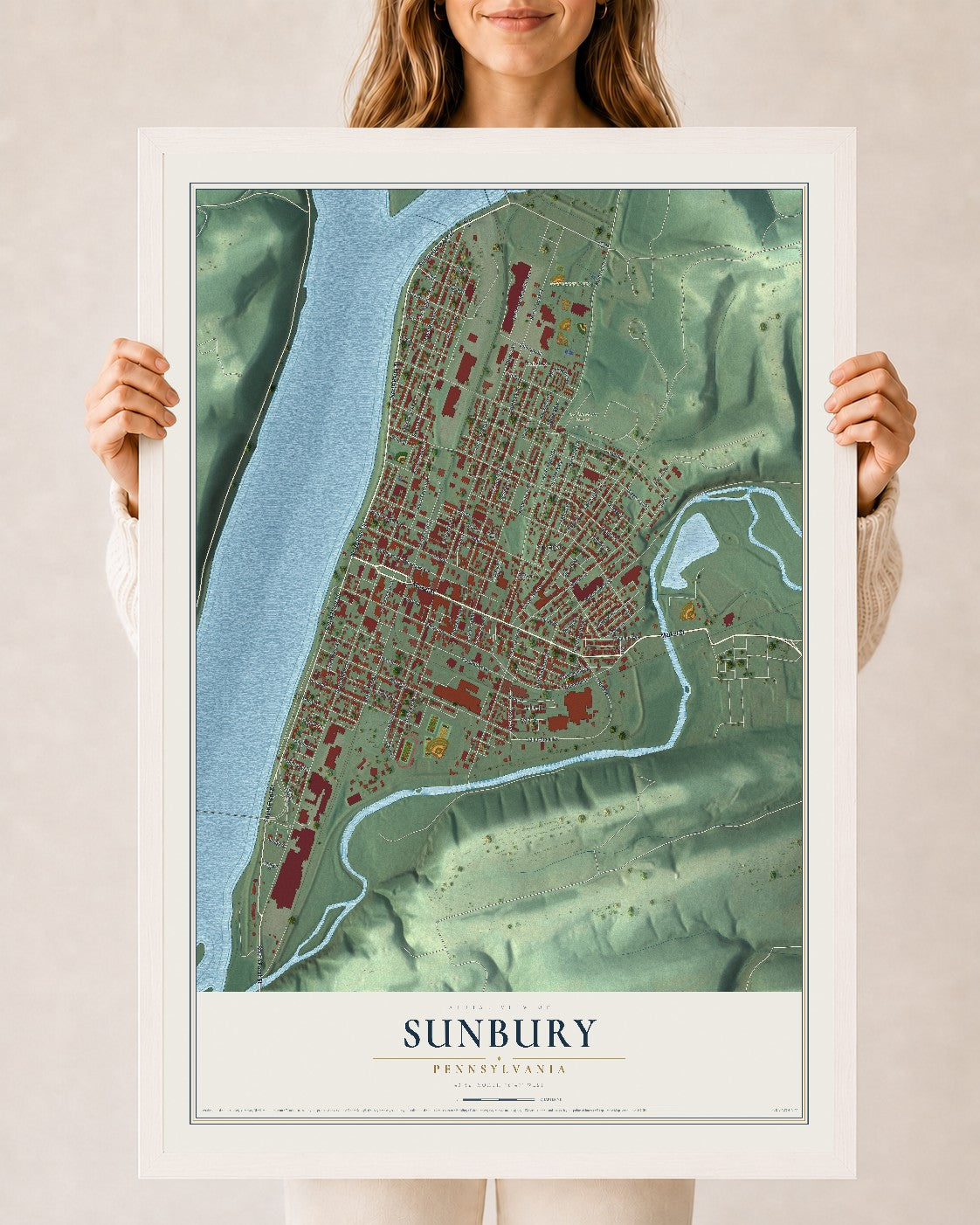 Map of Sunbury, Pennsylvania, 24 x 36 inch print in a white wood frame