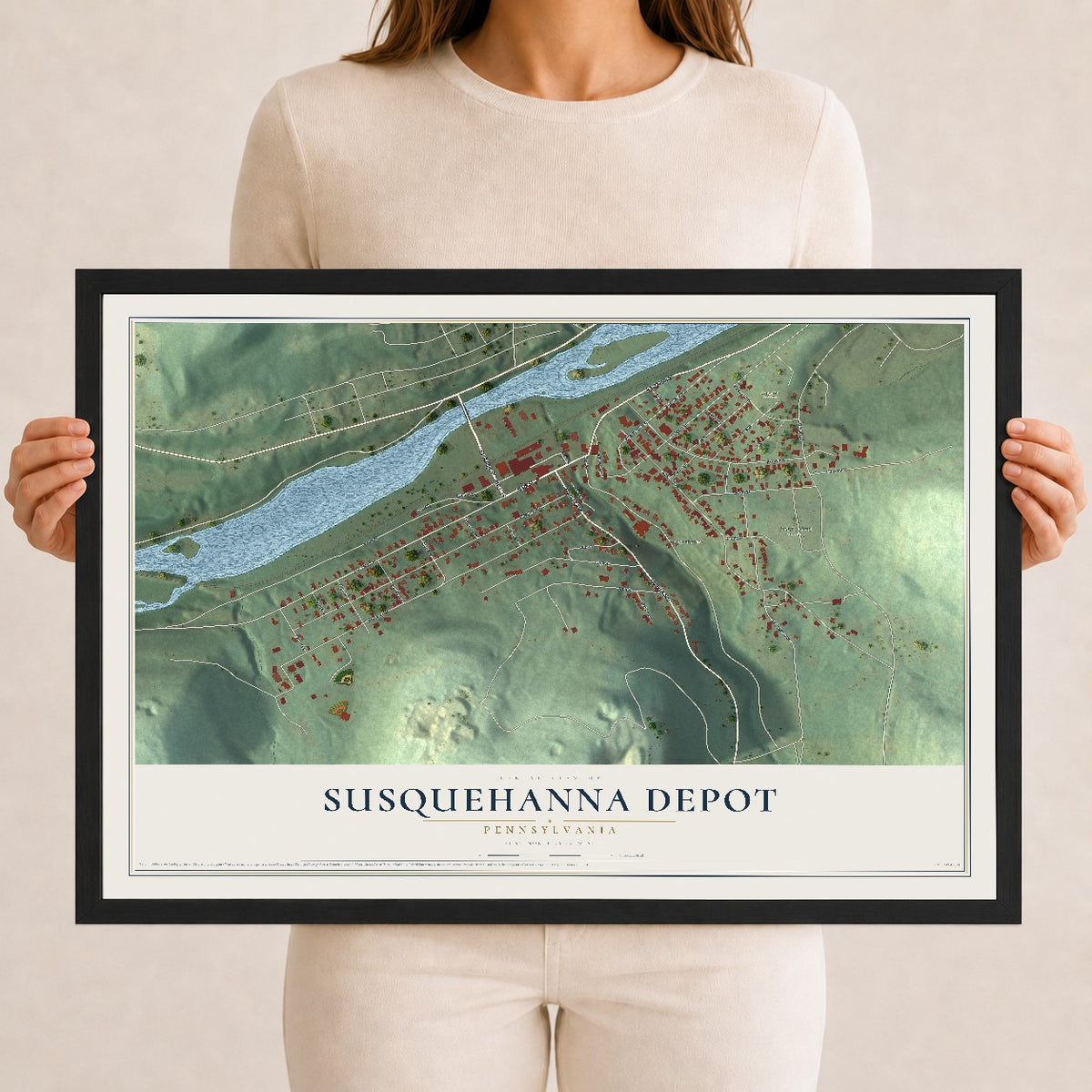 Map of Susquehanna Depot, Pennsylvania, 12 x 18 inch print in a black wood frame