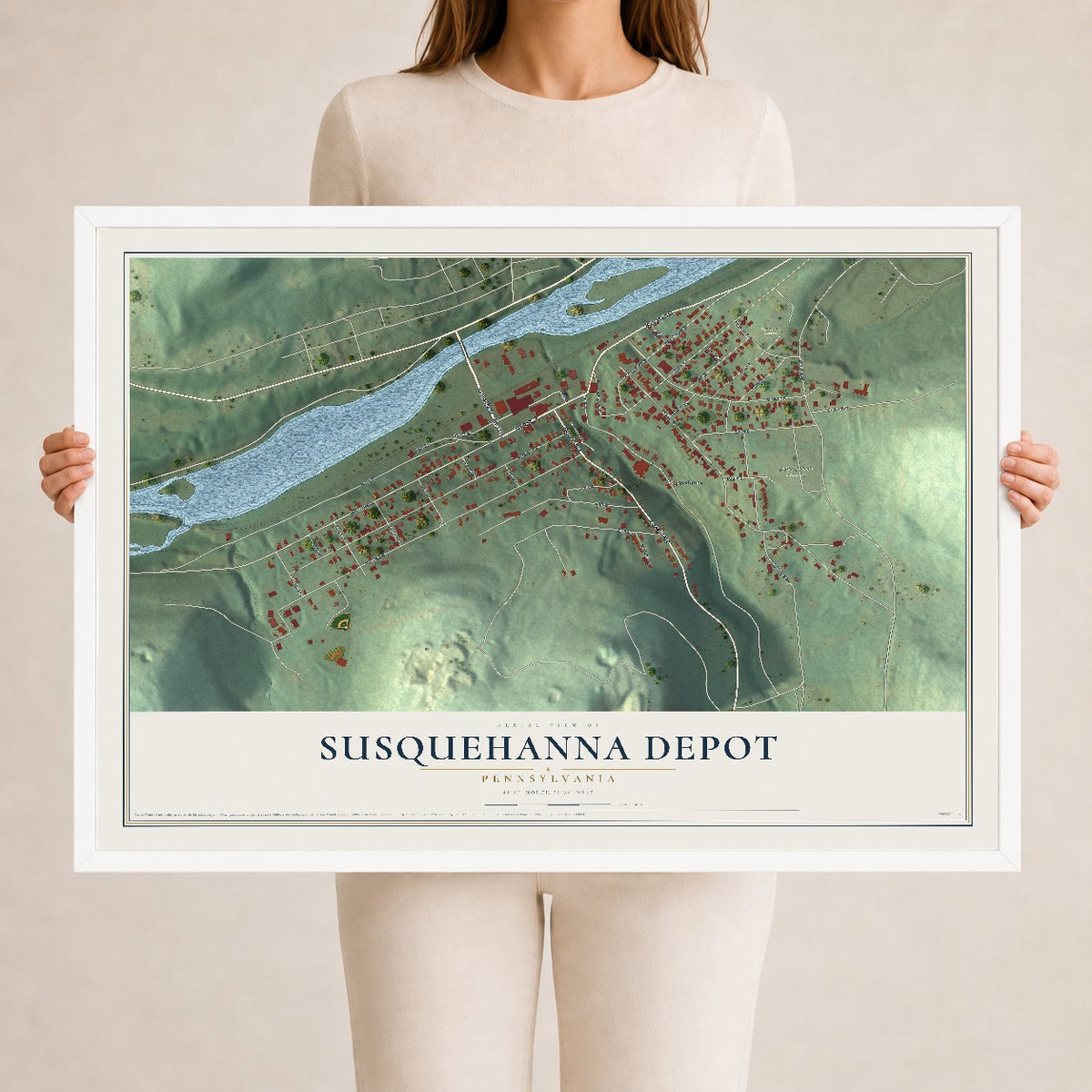 Map of Susquehanna Depot, Pennsylvania, 24 x 36 inch print in a white wood frame