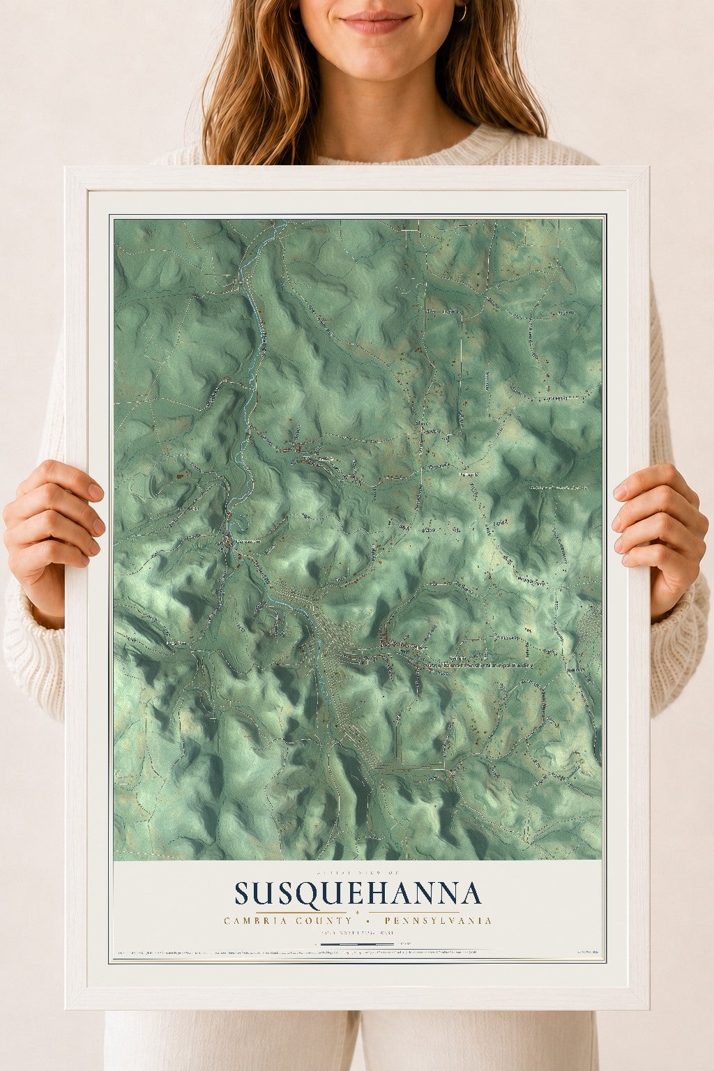 Map of Susquehanna, Cambria County, Pennsylvania, 18 x 24 inch print in a white wood frame