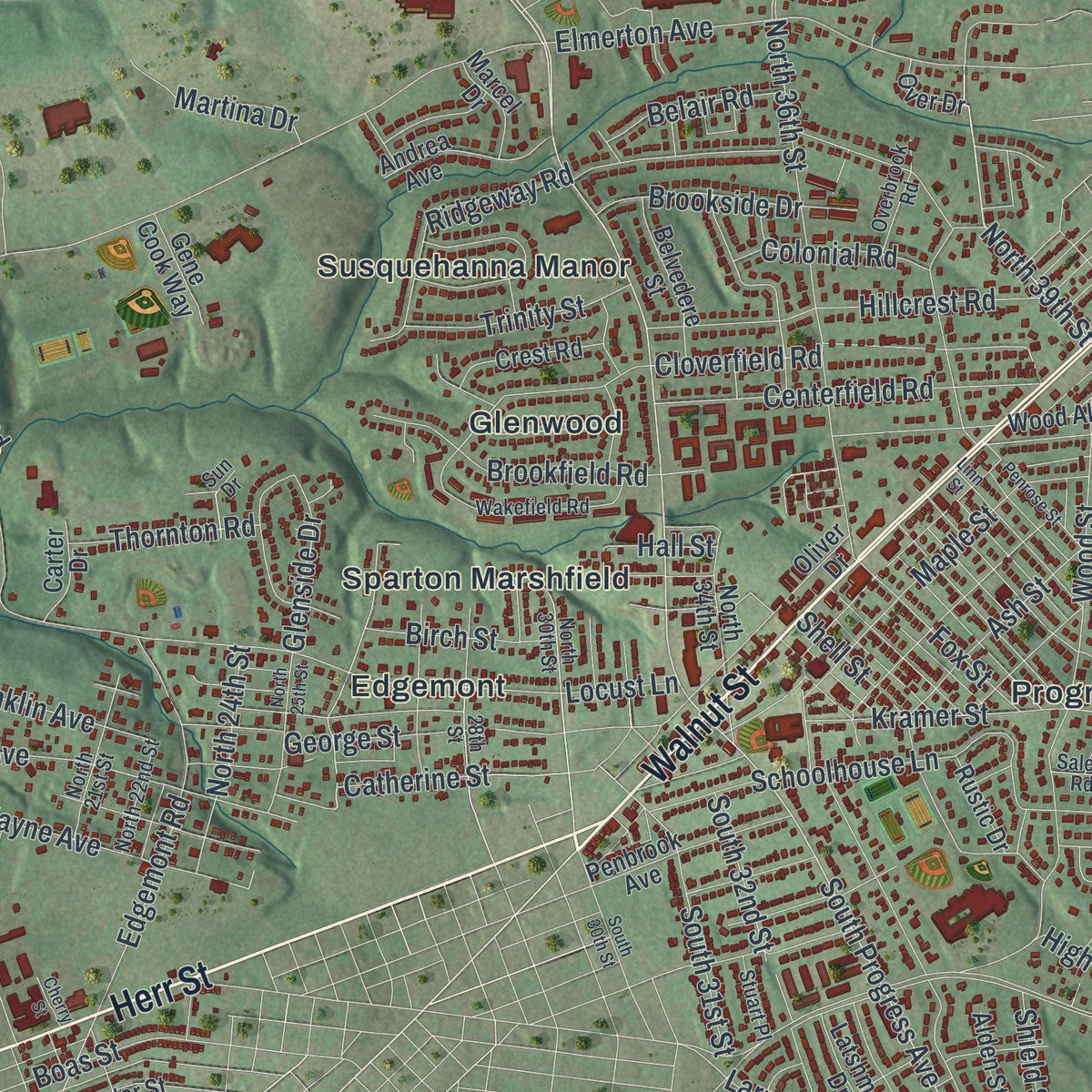 Close-up of the map of Susquehanna, Dauphin County, Pennsylvania print showing street and building detail