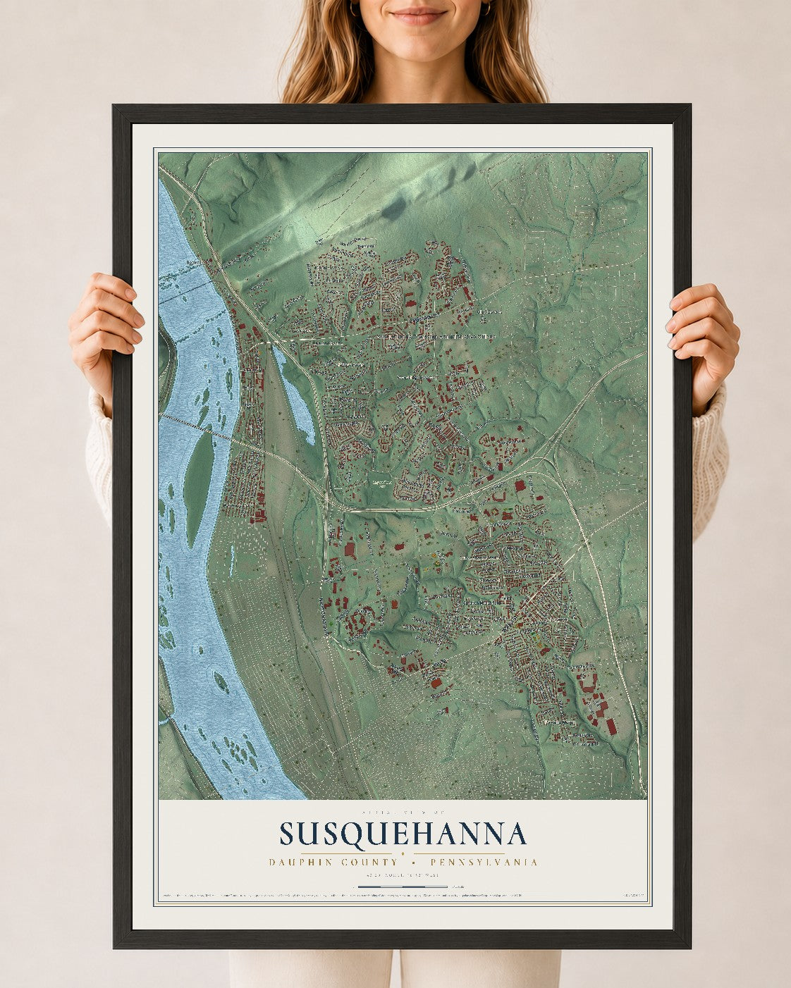 Map of Susquehanna, Dauphin County, Pennsylvania, 24 x 36 inch print in a black wood frame