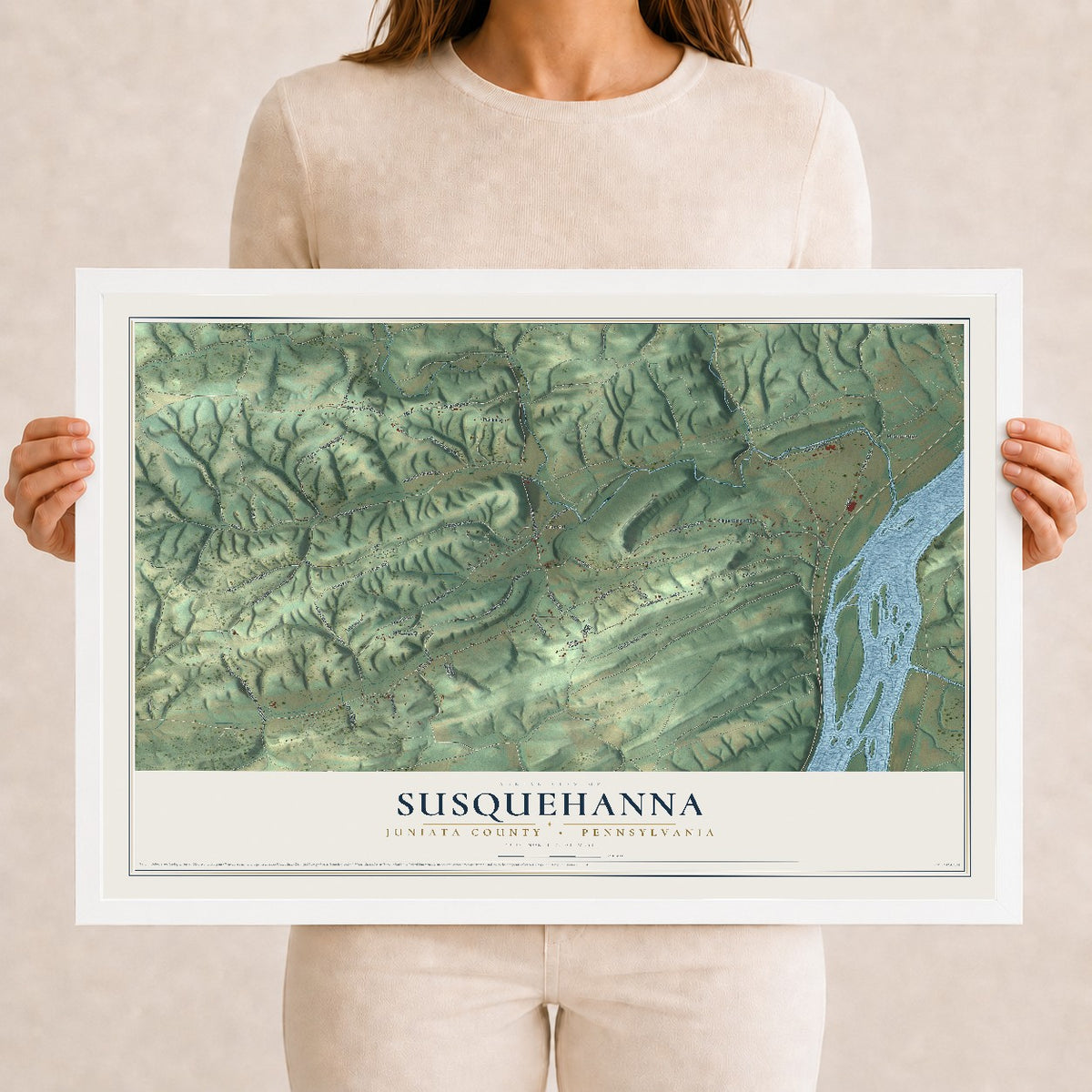 Map of Susquehanna, Juniata County, Pennsylvania, 12 x 18 inch print in a white wood frame