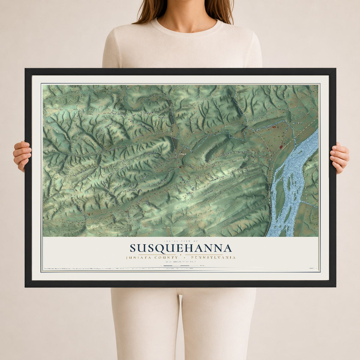 Map of Susquehanna, Juniata County, Pennsylvania, 24 x 36 inch print in a black wood frame