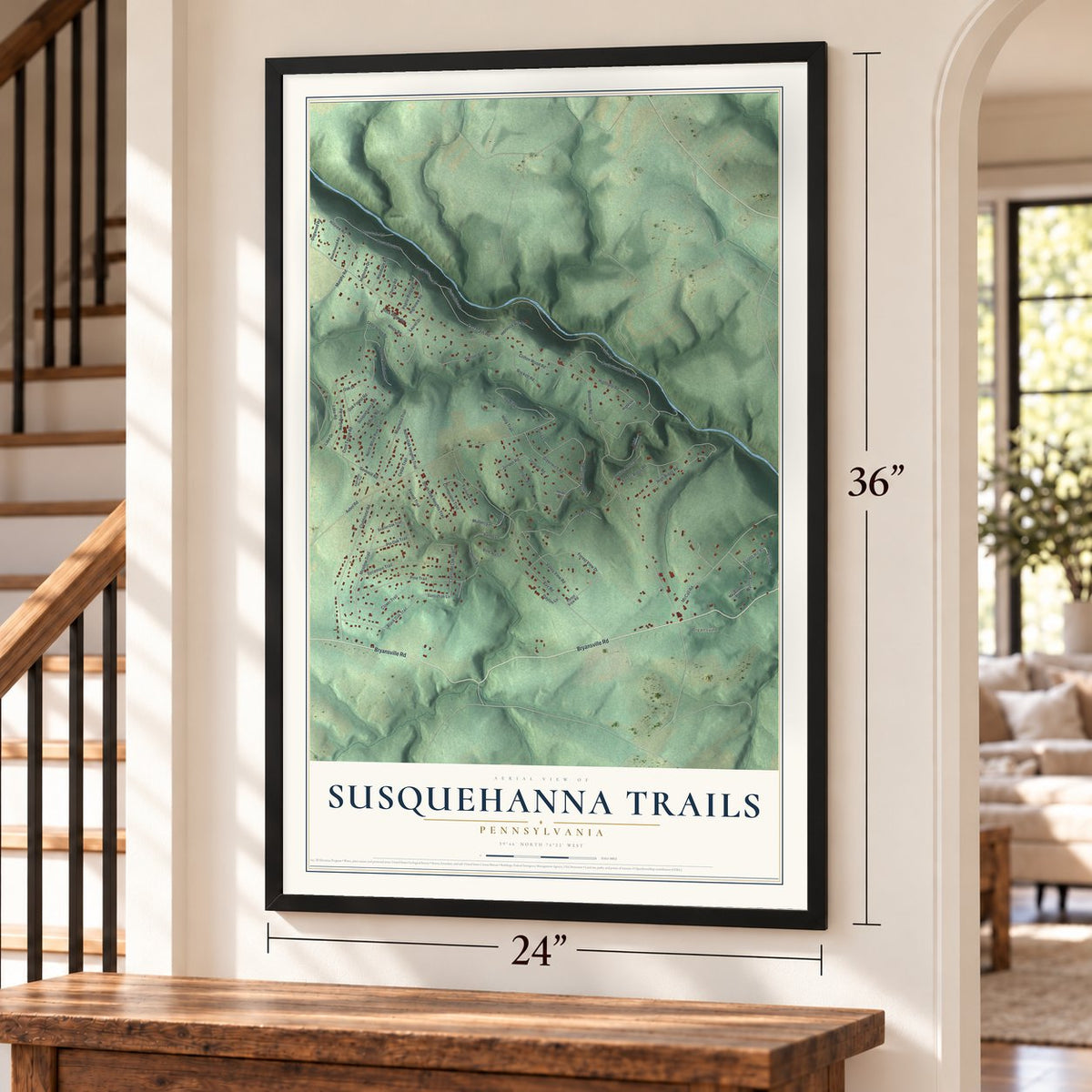 Susquehanna Trails, Pennsylvania map, 24 x 36 inch print in a black frame by a staircase