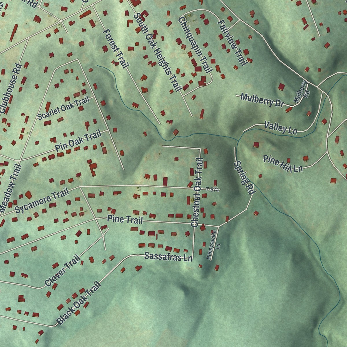 Close-up of the map of Susquehanna Trails, Pennsylvania print showing street and building detail