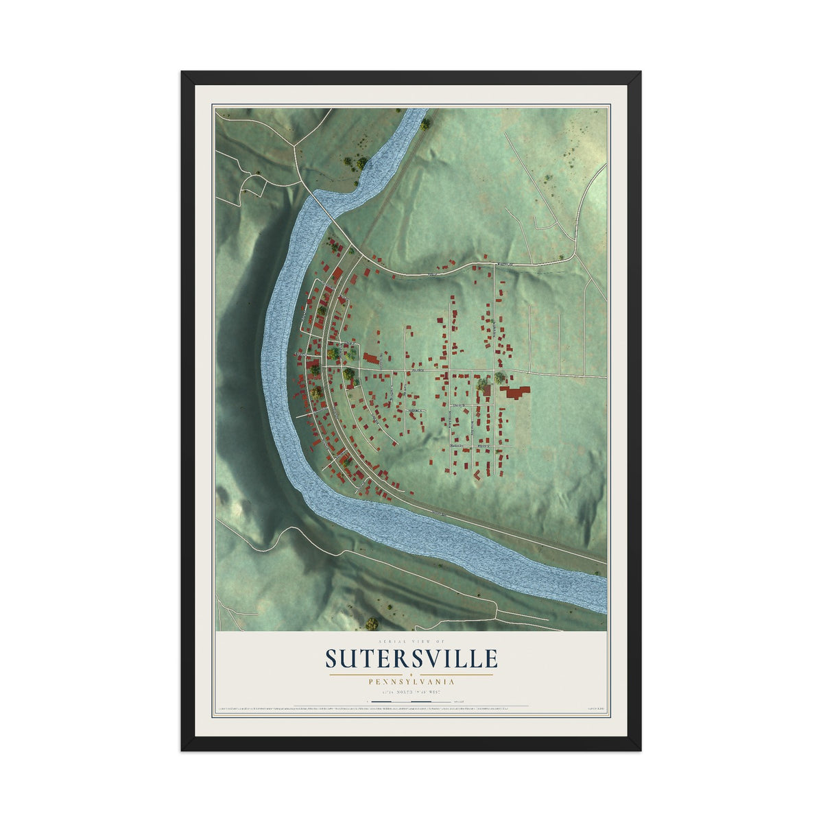 Map of Sutersville, Pennsylvania, 12 x 18 inch print in a black wood frame