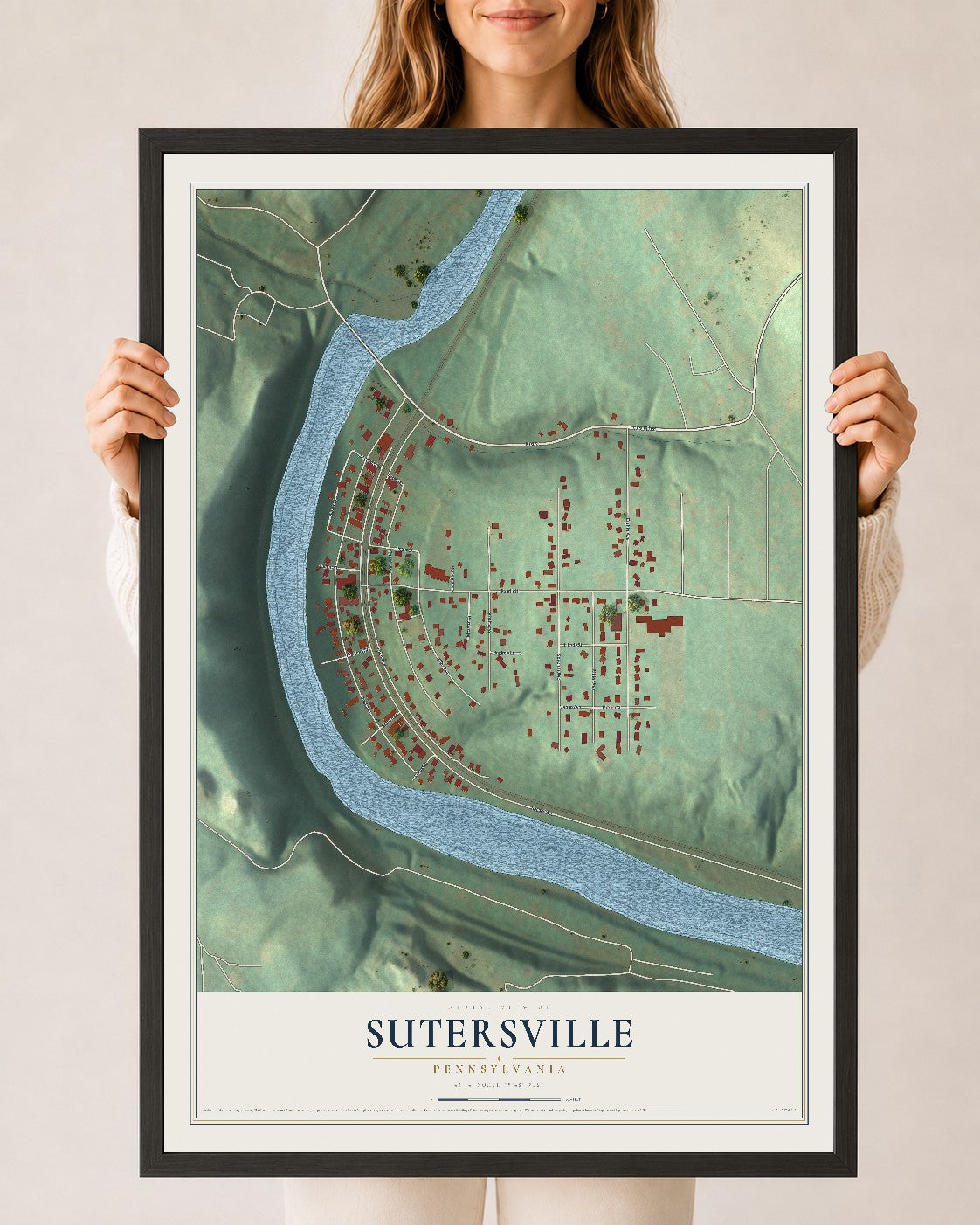Map of Sutersville, Pennsylvania, 24 x 36 inch print in a black wood frame