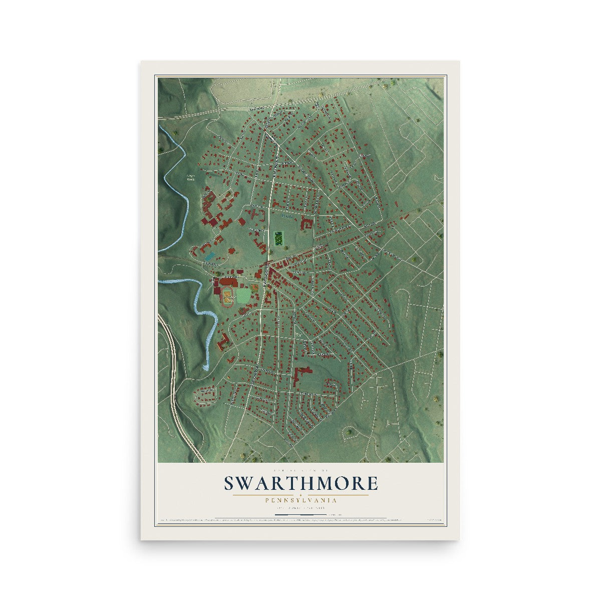Map of Swarthmore, Pennsylvania, 12 x 18 inch unframed archival matte print