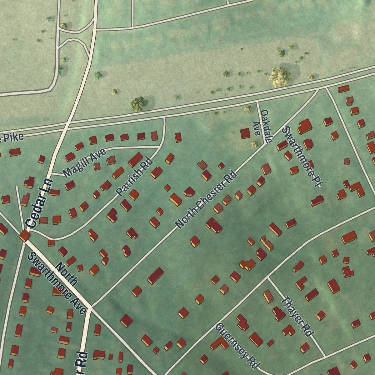 Second close-up of the map of Swarthmore, Pennsylvania print showing more streets and buildings