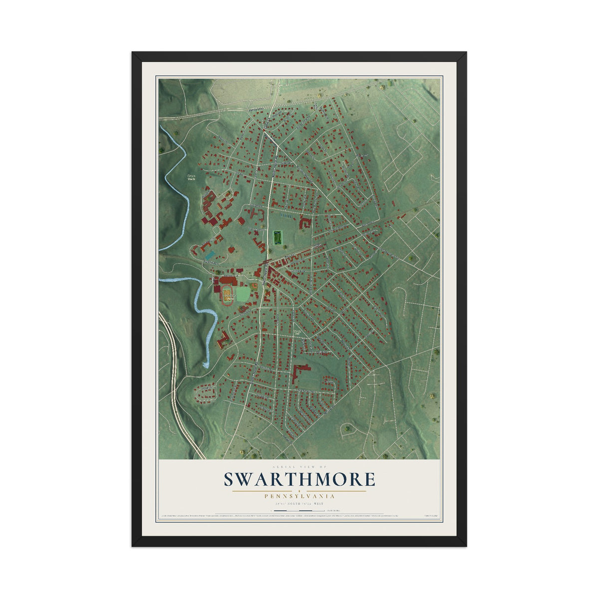 Map of Swarthmore, Pennsylvania, 12 x 18 inch print in a black wood frame
