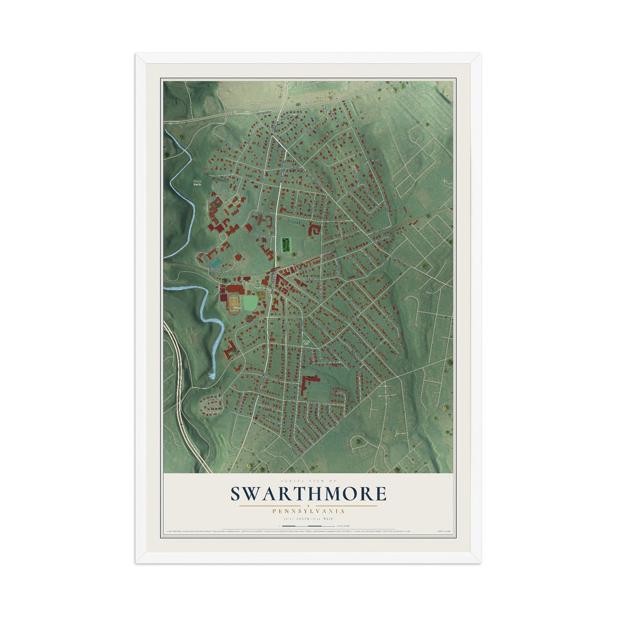 Map of Swarthmore, Pennsylvania, 12 x 18 inch print in a white wood frame