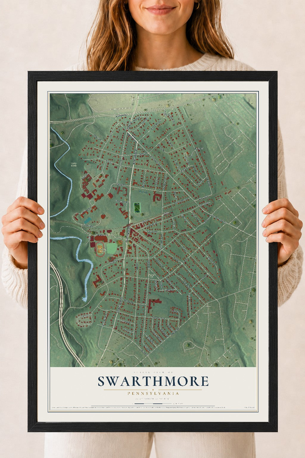 Map of Swarthmore, Pennsylvania, 18 x 24 inch print in a black wood frame