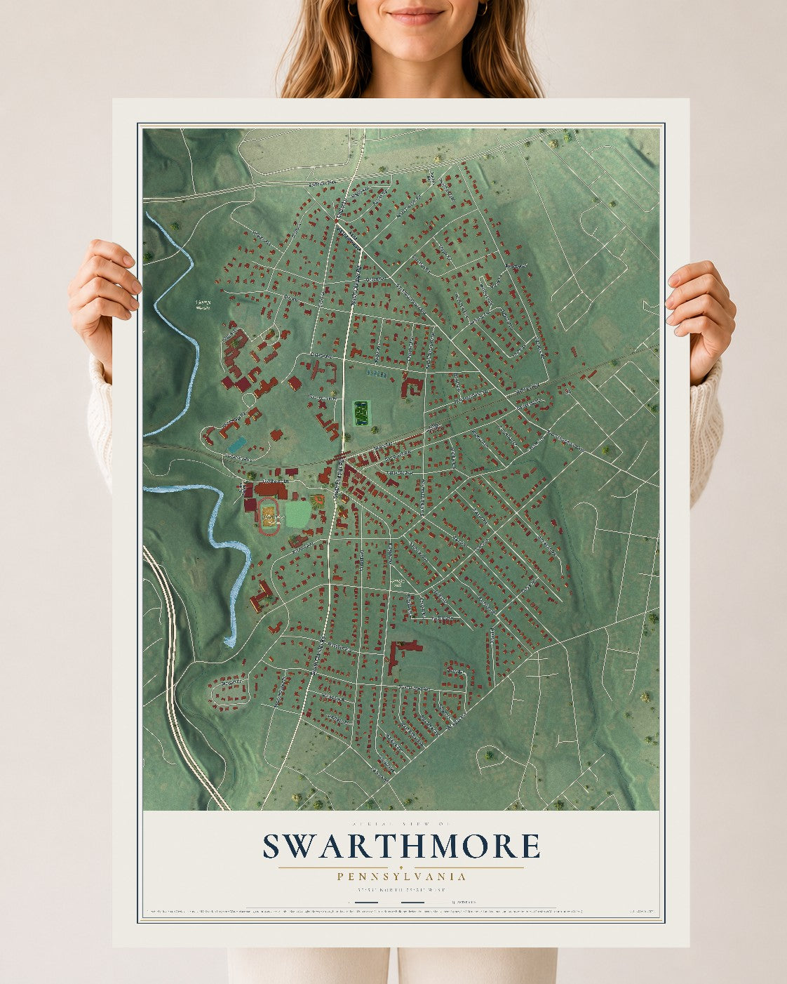 Map of Swarthmore, Pennsylvania, 24 x 36 inch unframed archival matte print