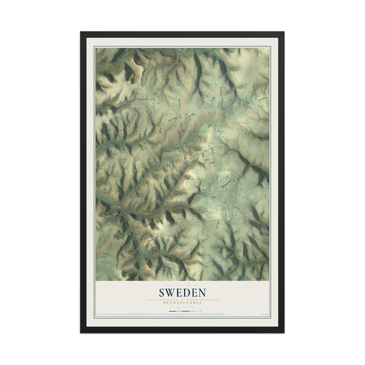 Map of Sweden, Pennsylvania, 12 x 18 inch print in a black wood frame
