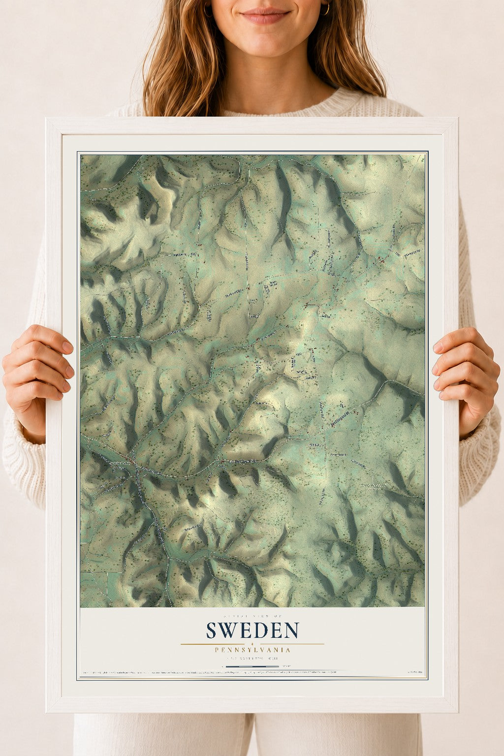 Map of Sweden, Pennsylvania, 18 x 24 inch print in a white wood frame