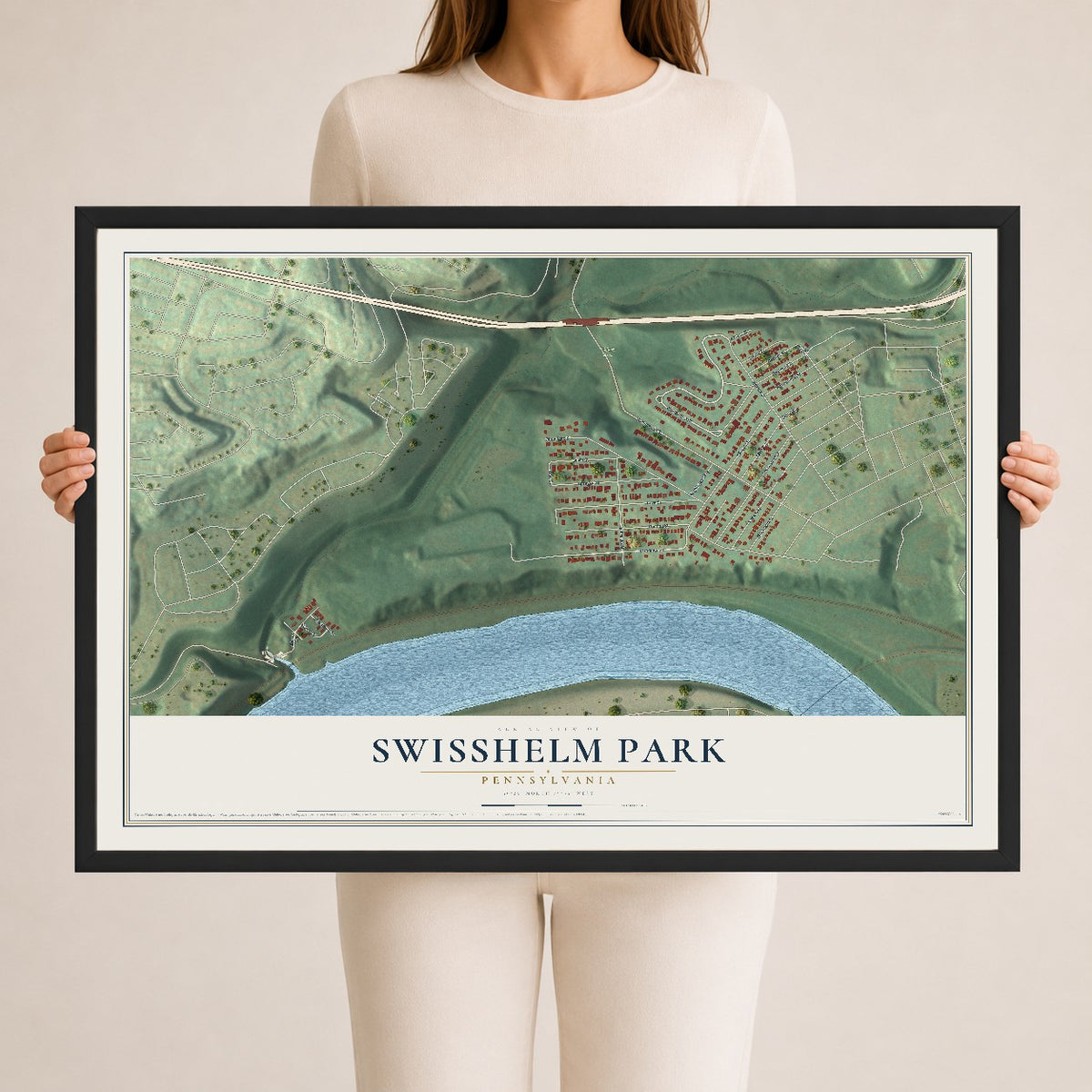 Map of Swisshelm Park, Pennsylvania, 24 x 36 inch print in a black wood frame