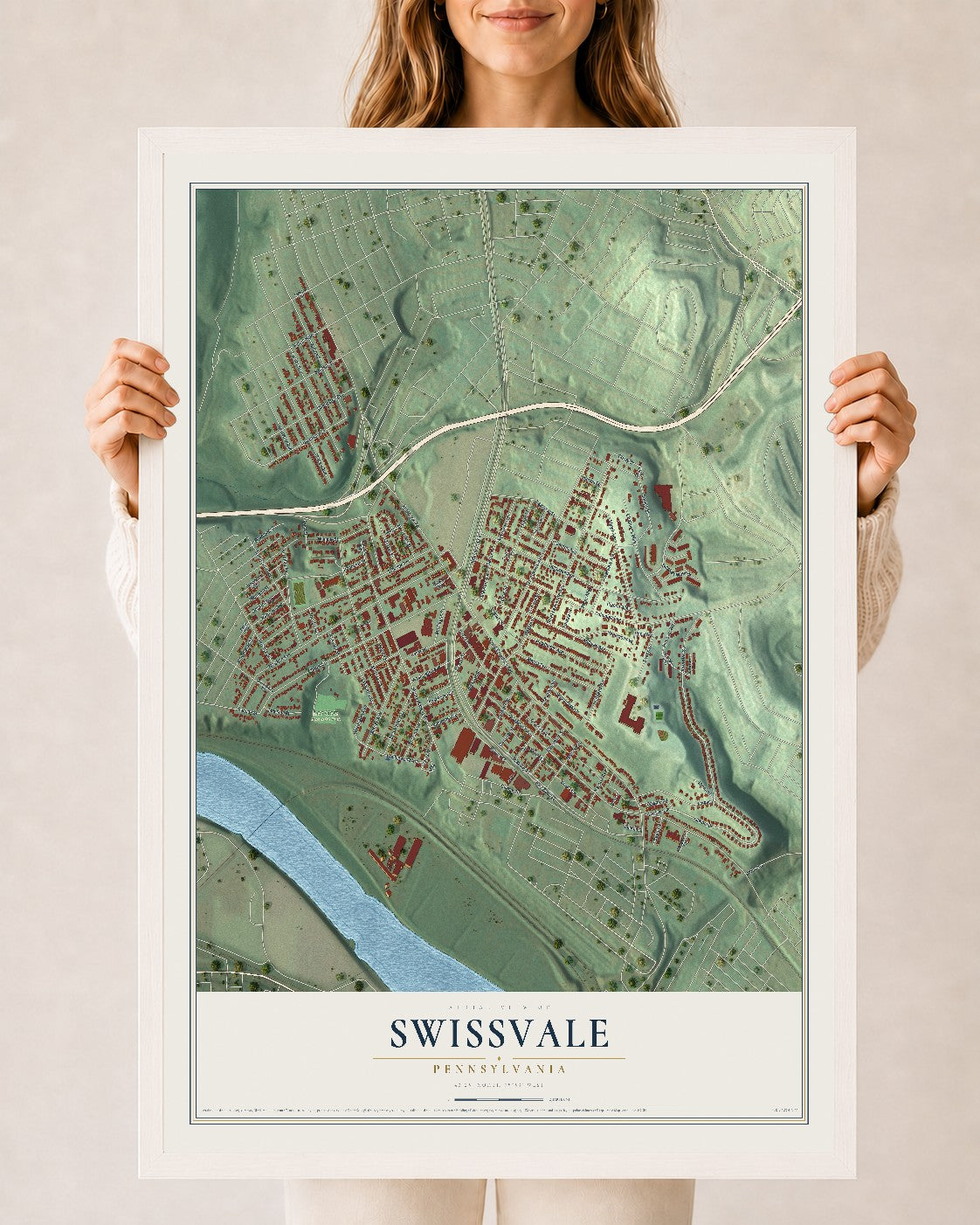 Map of Swissvale, Pennsylvania, 24 x 36 inch print in a white wood frame
