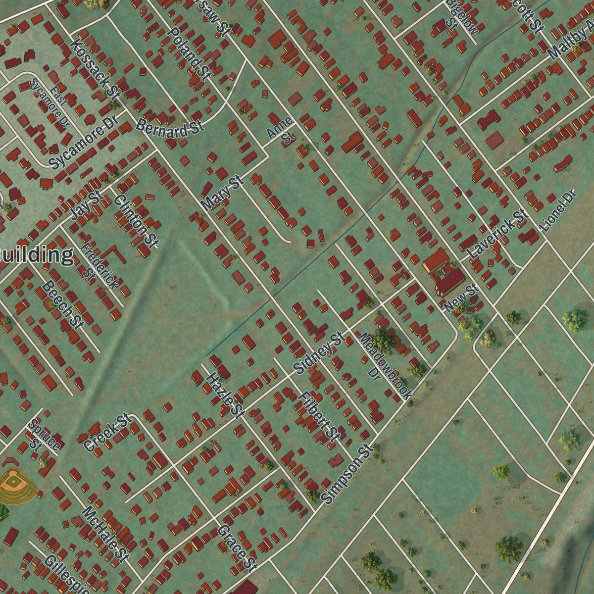 Close-up of the map of Swoyersville, Pennsylvania print showing street and building detail