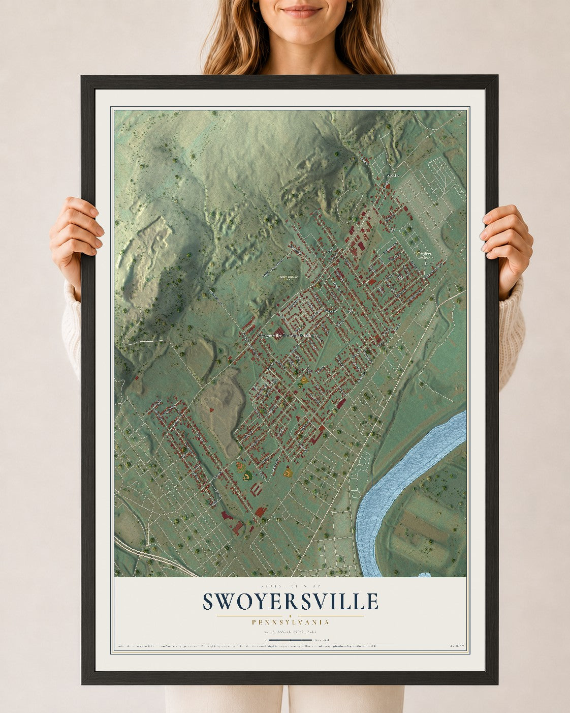 Map of Swoyersville, Pennsylvania, 24 x 36 inch print in a black wood frame