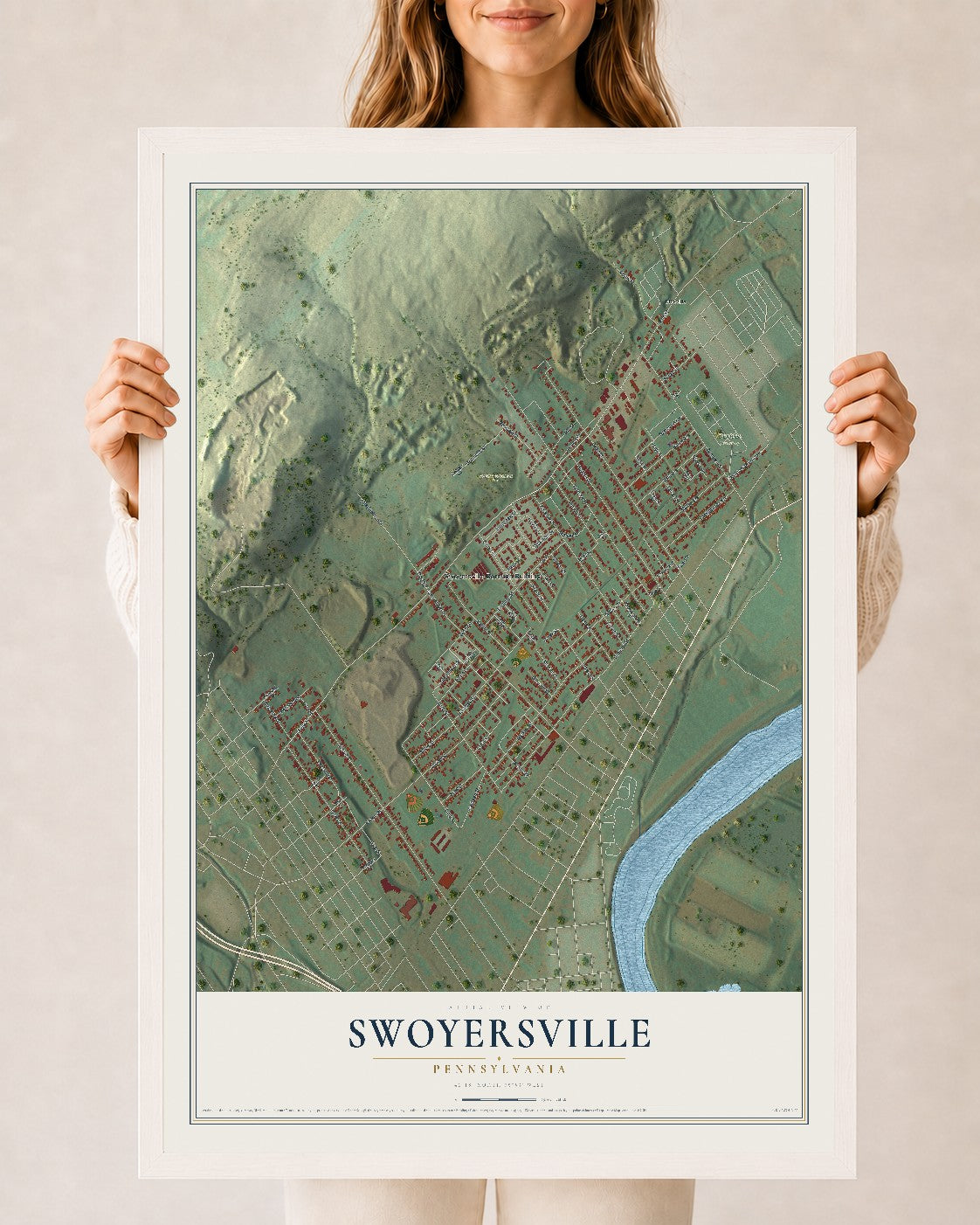 Map of Swoyersville, Pennsylvania, 24 x 36 inch print in a white wood frame