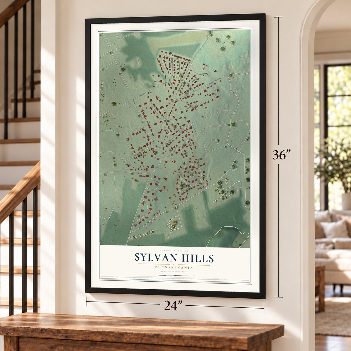 Sylvan Hills, Pennsylvania map, 24 x 36 inch print in a black frame by a staircase