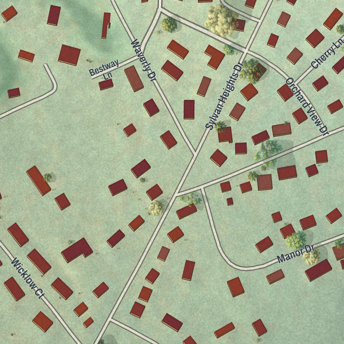 Close-up of the map of Sylvan Hills, Pennsylvania print showing street and building detail
