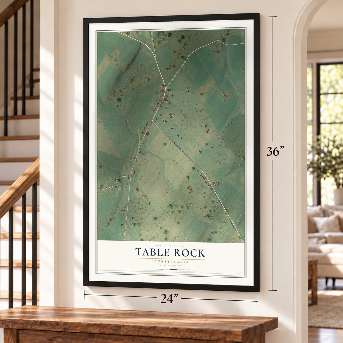 Table Rock, Pennsylvania map, 24 x 36 inch print in a black frame by a staircase