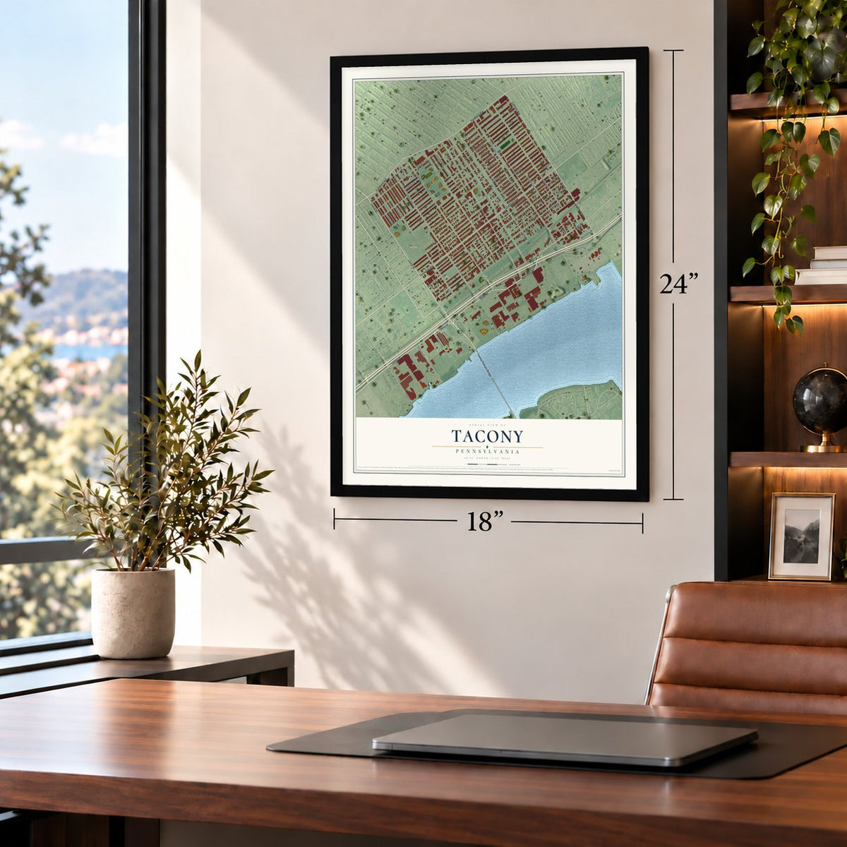 Tacony, Pennsylvania map, 18 x 24 inch print in a black frame in a home office