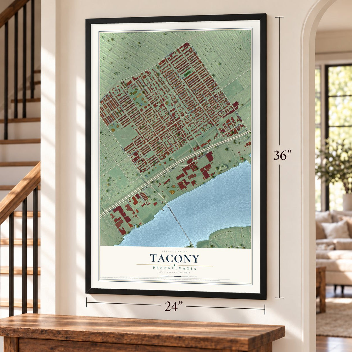 Tacony, Pennsylvania map, 24 x 36 inch print in a black frame by a staircase