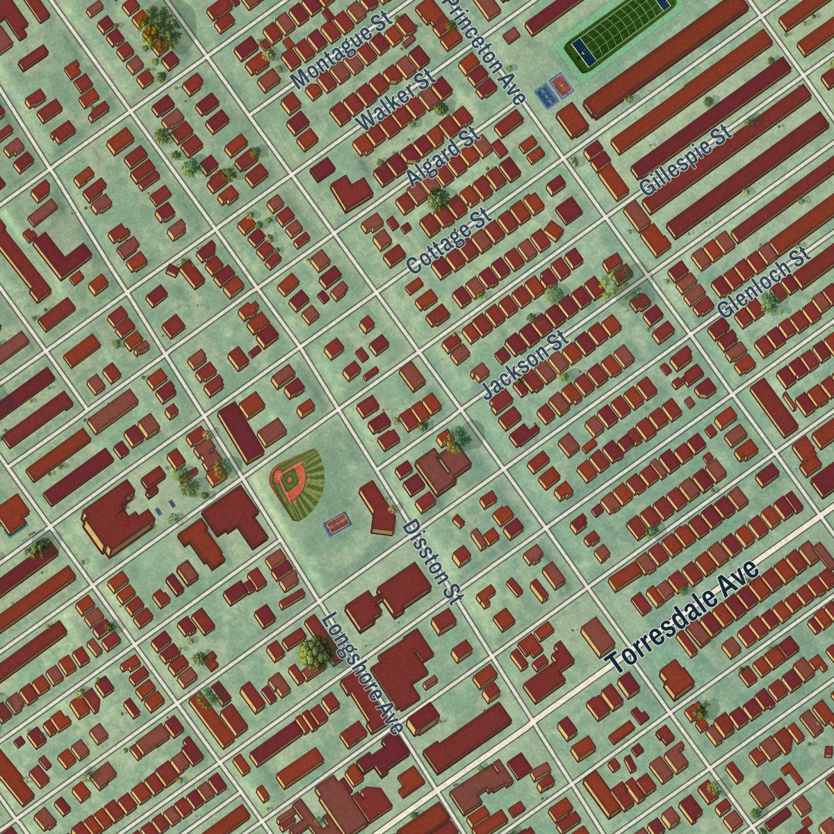 Close-up of the map of Tacony, Pennsylvania print showing street and building detail