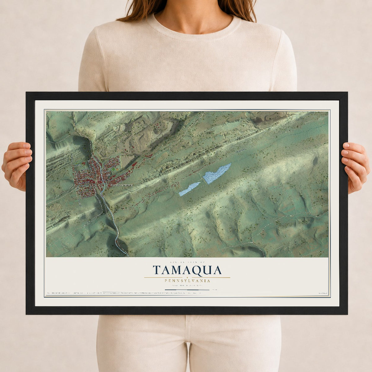 Map of Tamaqua, Pennsylvania, 12 x 18 inch print in a black wood frame