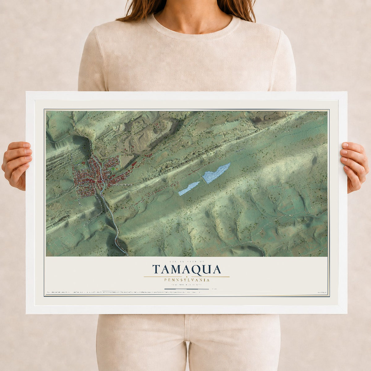 Map of Tamaqua, Pennsylvania, 12 x 18 inch print in a white wood frame