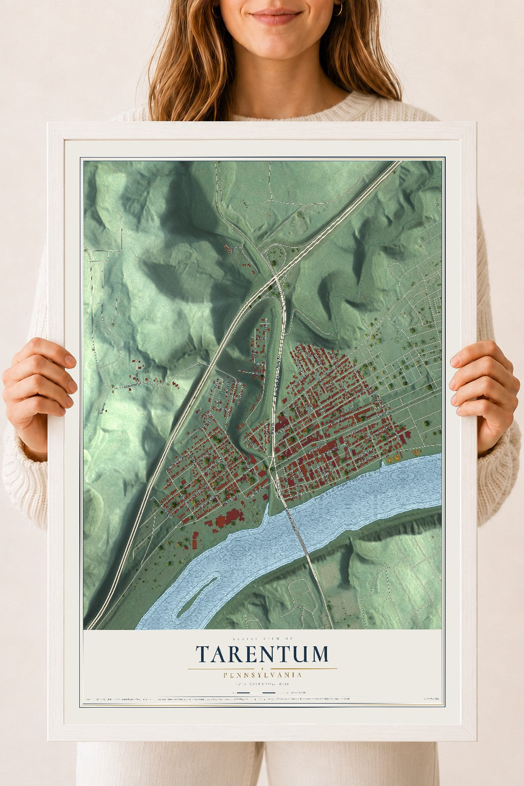 Map of Tarentum, Pennsylvania, 18 x 24 inch print in a white wood frame