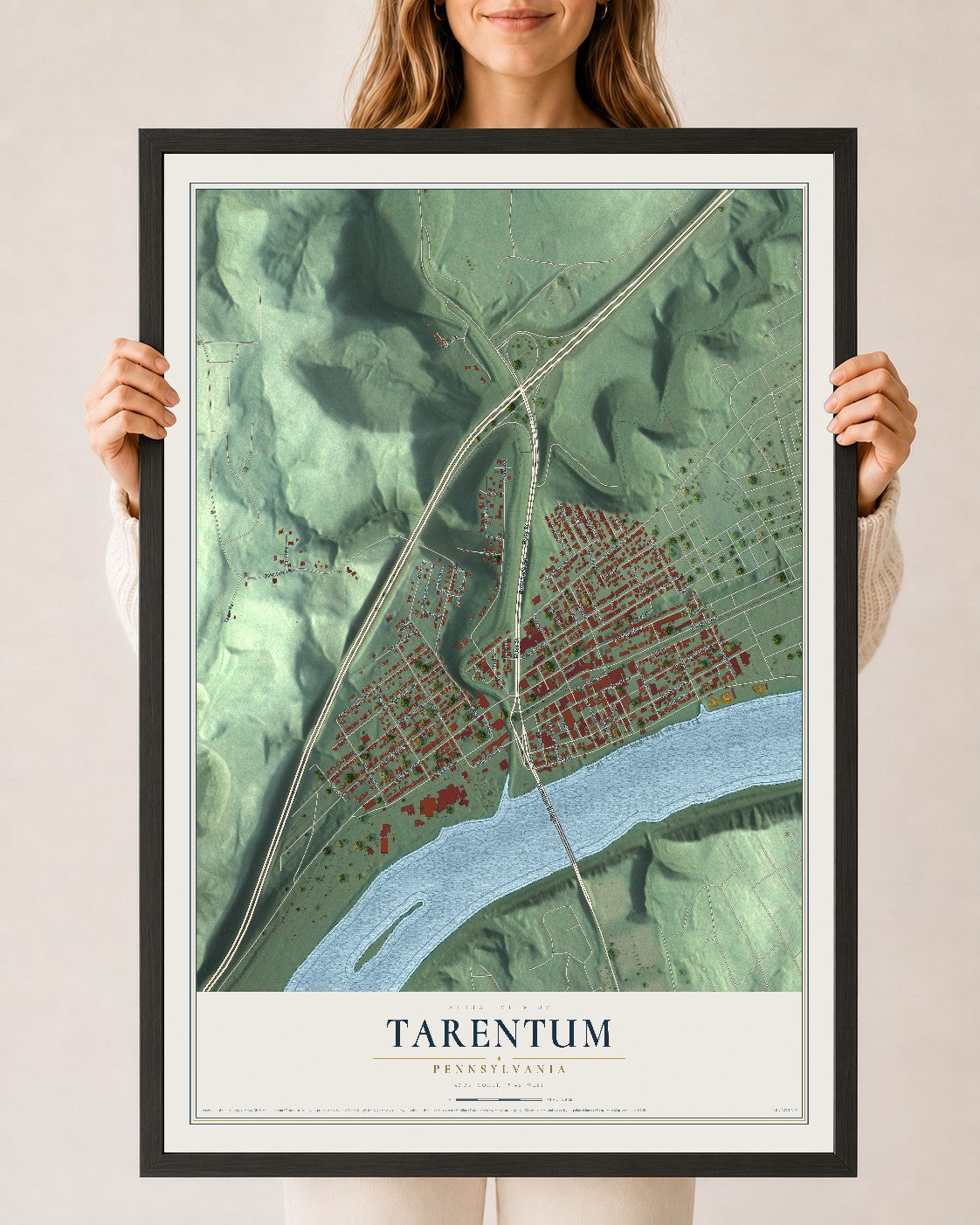 Map of Tarentum, Pennsylvania, 24 x 36 inch print in a black wood frame