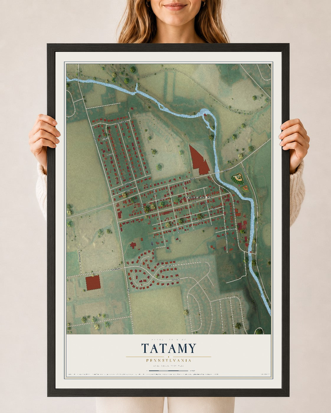 Map of Tatamy, Pennsylvania, 24 x 36 inch print in a black wood frame