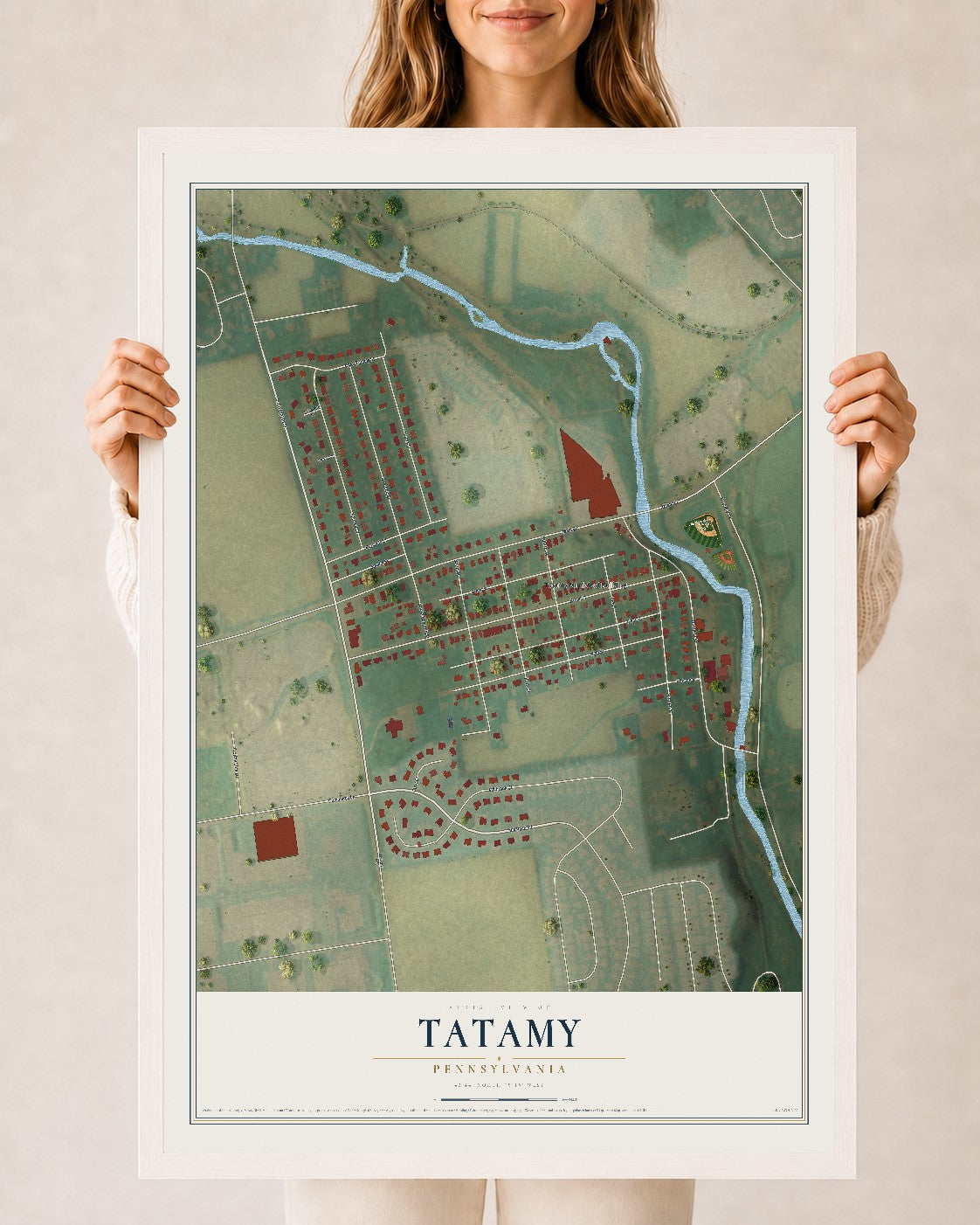 Map of Tatamy, Pennsylvania, 24 x 36 inch print in a white wood frame
