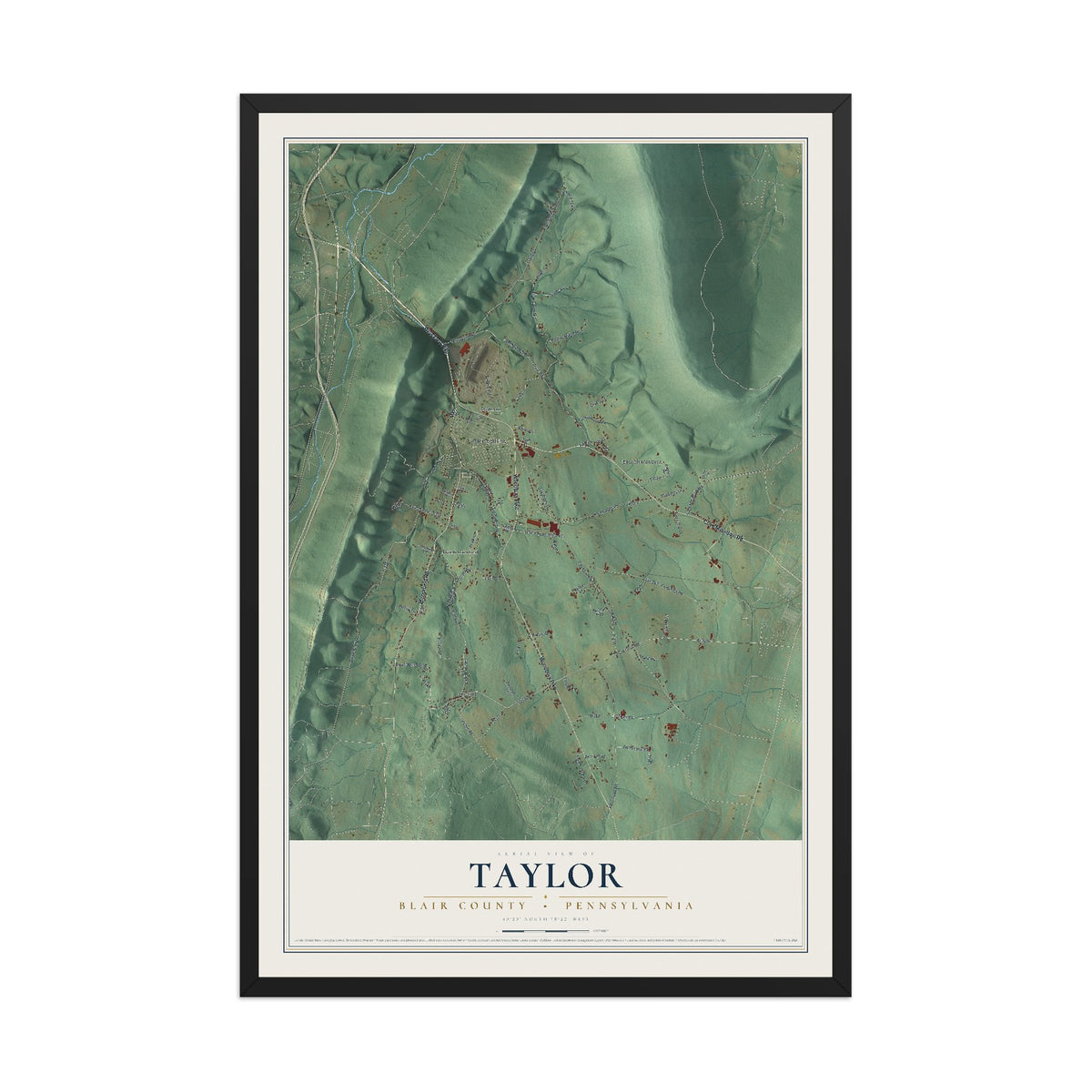 Map of Taylor, Blair County, Pennsylvania, 12 x 18 inch print in a black wood frame