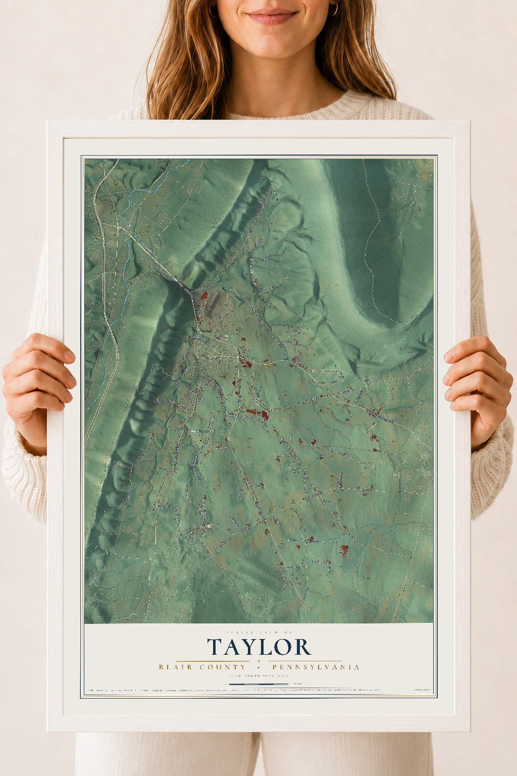 Map of Taylor, Blair County, Pennsylvania, 18 x 24 inch print in a white wood frame
