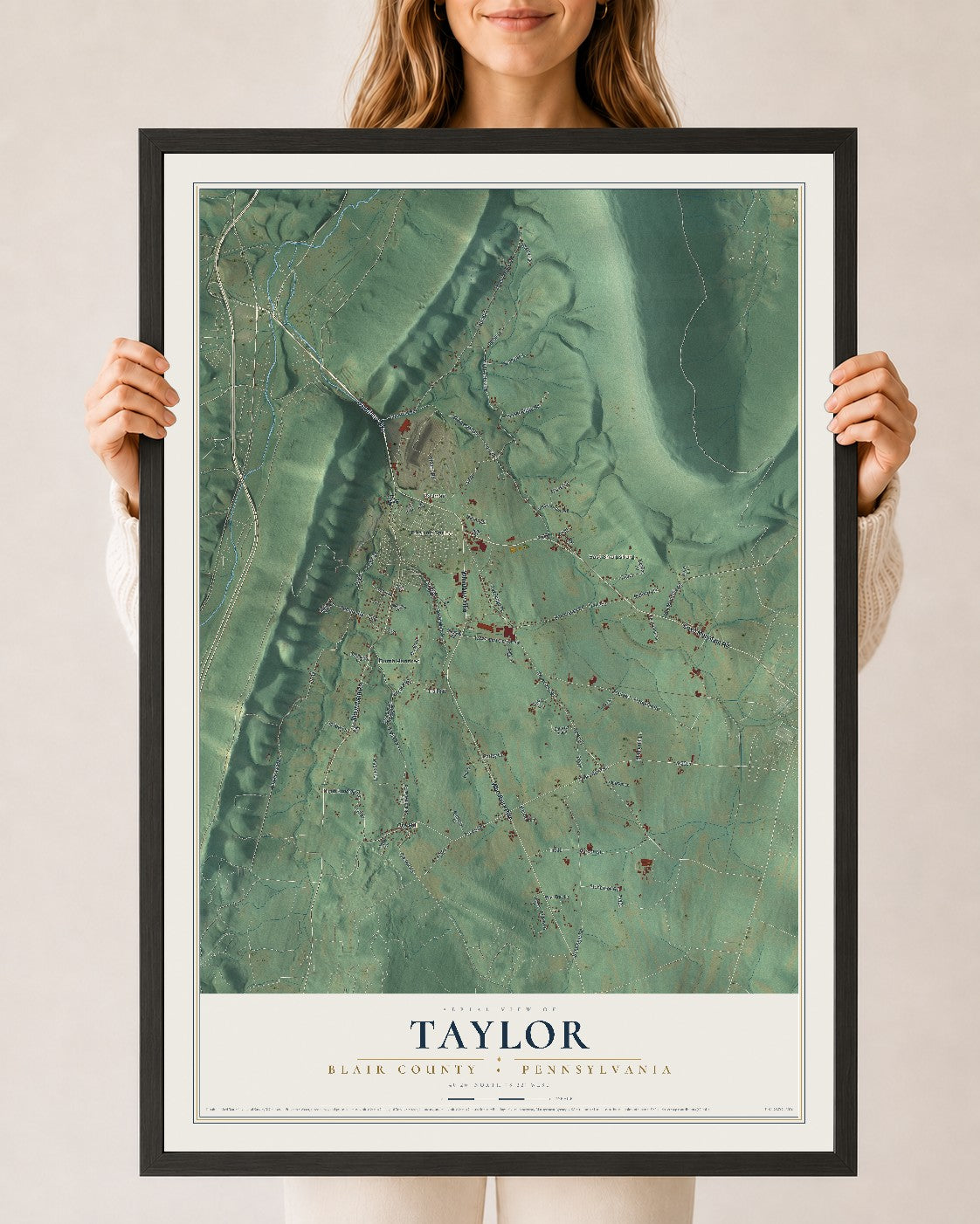 Map of Taylor, Blair County, Pennsylvania, 24 x 36 inch print in a black wood frame